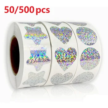 Requintado 50/500pcs Laser em Branco Coração de Amor Estrelas Rodada Adesivos Artesanais de Decoração de Férias Festa de Aniversário de Vedação Etiqueta adesiva
