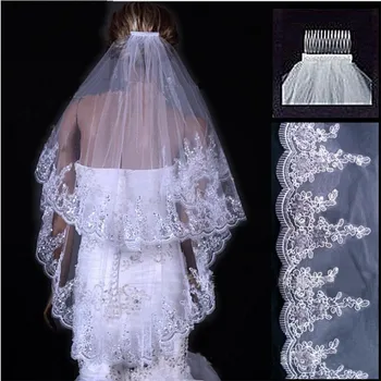 Luxo Véus de Casamento de Camada 2 Apliques de Renda Borda com Grânulos de Strass de Noiva, Véu de Noiva, Acessórios