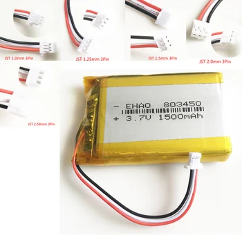 3,7 V 1500mAh bateria de Polímero de Lítio de Lipo Bateria Recarregável + TJS 1.0/1.25/1.5/2.0/2.5 mm conector de 3 pinos Para o telefone móvel de DVD 803450