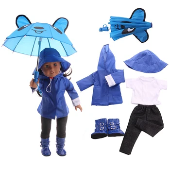 6Pcs Set=T-shirt + Calça+Chapéu+Capa de chuva+botas de Chuva+Guarda-chuva Ajuste de 18 Polegadas-Americana recém-Nascido 43cm de Geração de Boneca da Menina DIY Brinquedo