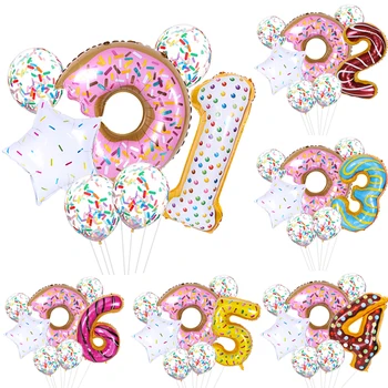 7pcs Donut Número da Folha de Balões 1º 2º as Meninas da Festa de Aniversário de Decorações Doce Confetti Balão do Chuveiro de Bebê Casamento Globos