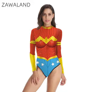Zawaland Verão as Mulheres de Manga Longa de super-Herói Impressos em 3D Cosplay Traje de Banho Sexy Zentai Bodysuit trajes de Banho Tops