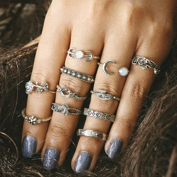 11pcs/saco de Boêmio, Vintage, Punk Prata Antiga Cor de Ouro, Resina Anéis de Dedo para as Mulheres Boho Conjunto de Anel de Jóias de Moda