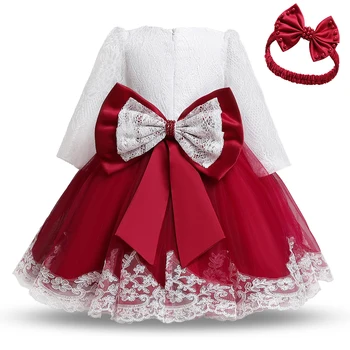 24M Bebê Vermelho Natal Bebê Vestir as Meninas para os Recém-nascidos de Outono Inverno de Manga Longa Vestido de Baptizado Criança de Ano Novo Traje