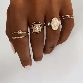 5Pcs/ Set Boho Mulheres Conjunto de Anéis de Cristal Geometria sol forma de ouro Midi conjunto de Anel de Charme Senhora Amante de Dom J008
