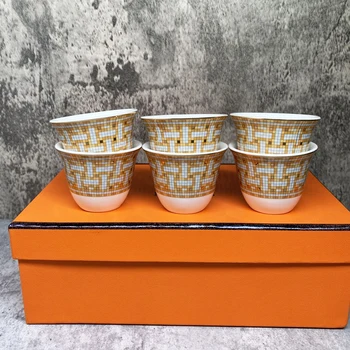 6PCS/Set de Luxo, Ouro, Porcelana, Copos de Chá porcelana de Ossos de Café Expresso da Copa Definido Em Orange Box Copos de Casamento Aniversário de Inauguração