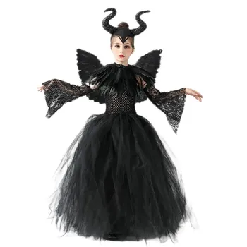 Malévola De Halloween Traje De Cosplay Girl Evil Dark Rainha Bruxa Tutu Vestido De Crianças Carvinal Vestidos De Festa Com Asas