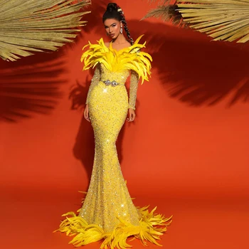 Brilho Amarelo Concurso De Lantejoulas Vestido Com Penas De Moda Mangas Compridas Sereia De Baile, Vestidos De Noite Comprimento Do Assoalho Vestiti