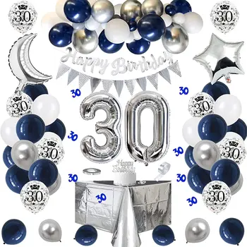 37Pcs 30 de Festa de Aniversário, Decorações para Homens Balão Garland Arco Kit para a Mulher Azul-Marinho Balões, Toalha de mesa para festas