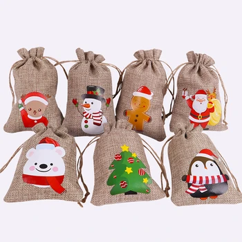 Natal Sacos de Juta Presente Cordão Bolsa Roupa de cama de Algodão Sacos para Embalagem de Presente de Natal de Jóias Doces de Armazenamento do Saco de Estopa Saco
