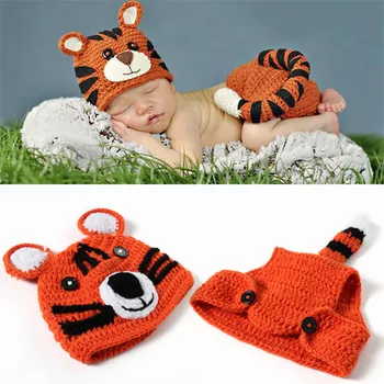 2Pcs/Set de Fotografia de Recém-nascido Adereços de Crochê Knited Cartoon Tigre Bebê Traje Chapéu de Calças de Roupas Fotografia Roupas