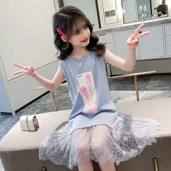 Verão Meninas T-Shirt sem Mangas Vestido de 2021 Nova Versão coreana Do Big Crianças DO Vestuário de Moda do Laço Fairy Princess Dress