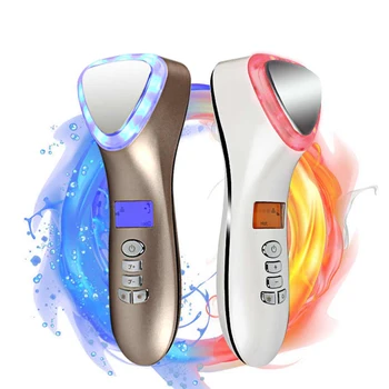 LED Quente Frio Rosto Cuidados com a Pele Dispositivo Massageador Hammer ultra-Sônica Crioterapia Facial Vibração Vermelho a Luz Azul de Iões de Instrumento da Beleza