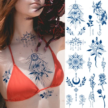 8pcs Semi Permanente de Ervas o Suco Elegante Tatuagem Adesivos de Mama Ins Flores de Lótus Rosa Durável Simulado Rosto Temporária Adesivo