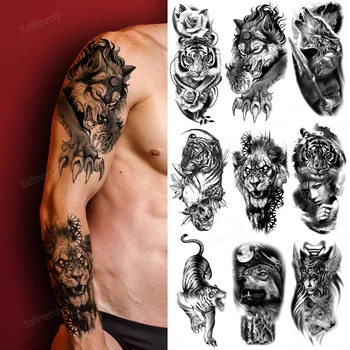 lobo, leão, tigre tatuagem temporária adesivos impermeáveis floresta animal padrão sexy de transferência de tatuagem para homens mulheres braço manga tatoo