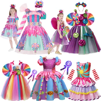 Meninas Aniversário Pirulito Fantasia Vestido de Carnaval das Crianças do arco-íris Doce Fantasia de Princesa Vestido de Festa A Festa de Purim