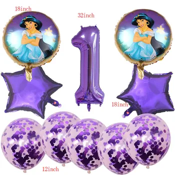 Disney Princess Jasmine Folha de Balão de Feliz Aniversário para festas Decoração de chá de Bebê Criança Faovr roxo confete Bola