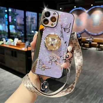 Luxo Espelho Borboleta 3D anelar Caso de Telefone Para o iPhone 14 13 12 11 Pro Max X XR XS 7 8 Plus SE2 Cobrir Com a Correia Titular