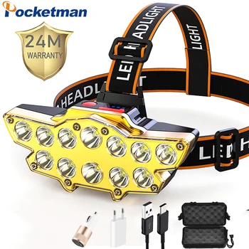 DIODO emissor de luz poderoso Farol de Luz 12 LED Farol Recarregável USB Cabeça da Tocha Lâmpada Impermeável Cabeça da Tocha Lanterna com bateria cabo