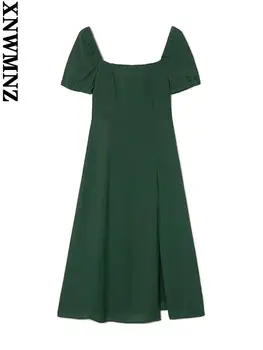 XNWMNZ Mulheres 2022 francês elegante green vestido de verão praça pescoço mangas puff-de-fenda, midi vestido chique feminina vestidos vestido de Banquete