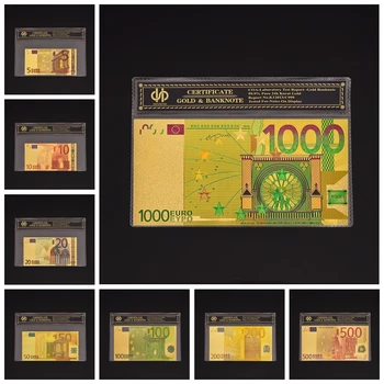 8PCS/Set Euros Falsos das Notas de Conjuntos 5 10 20 50 100 200 500.1000 Cor de Ouro de Notas Com Luva Plástica
