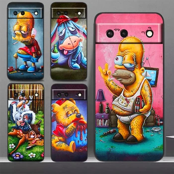 Zombie Mickey Winnie Simpson Caso de Telefone Para o Google Pixel 7 6 Pro 6A 5A 5 4 4A XL Preto 5G de Capa Mole, Fundas Coque Capa