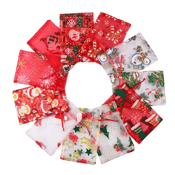 50pcs 10X15 13X18cm Colorido do Natal de Papai Noel vestido de Organza de Saco de Gaze Elemento de Jóias de Sacos de Embalagem Drawable Organza Sacos de Presente de 66