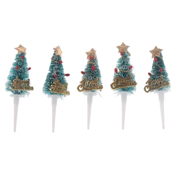 5pcs/set Novo Ano Xmas Party Ornamentos Crianças Decoração do Bolo de Aniversário Merry Christmas Cake Topper Mini Árvore de Natal Cupcake Toppers