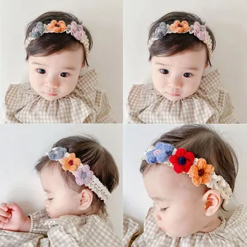 Baby flores Tiaras para as Meninas de Cabelo Acessórios Crianças de Crochê feito à mão de Lã Elástica Hairbands Crianças Recém-nascido Headwear