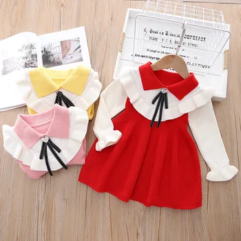 2022 Outono Bebê Meninas coreano Estilo Doce Princesa Vestido Vermelho de manga comprida de Malha, Vestidos Elegantes Roupa das Crianças de 2 Anos de Idade