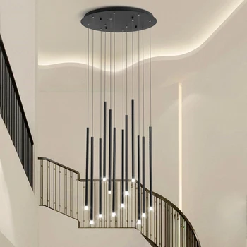 Moderna led candelabro simples duplex escada em espiral lustre villa sala de estar, sala de jantar ouro preto lâmpadas decorativas
