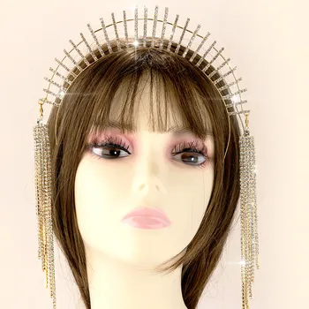 Novo Cheio de Strass Longa Borla Halo Cabeça de Casamento Cabeça Pedaço de Cabelo de Jóias para as Mulheres Tiara de Cristal de Cabelo Aro Coroa Headwear
