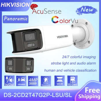 Hikvision 4MP Panorâmica ColorVu Bala Câmera de Rede DS-2CD2T47G2P-LSU/SL Acusense Strobe Luz e Alarme de Áudio da Câmera do IP