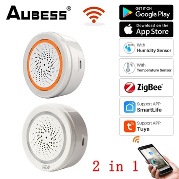 2 Em 1 Tuya ZigBee Smart wi-Fi da Sirene do Alarme de Temperatura e Umidade Sensor de 90dB Luz do Som do Alarme da Segurança Home Funciona Zigbee Gateway