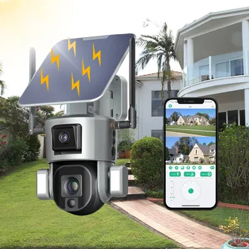 Casa de Segurança, Câmera de Vigilância com Painel Solar Duplo Scrceen Visualização de 360° com Ângulo de Visualização de 6mm/10X Zoom Óptico de Visão Noturna