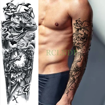 Impermeável da Etiqueta Temporária Tatuagem de caveira cruz bell braço completo falso tatto flash tatoo sleeve tamanho grande tatuagens para homens mulheres