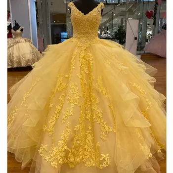 Amarelo Vestidos De Quinceanera 2022 Decote Em V Sem Encosto De Apliques De Renda Com Flor De Longa Doce 15 16 Aniversário De Bola Vestido Vestido De Baile