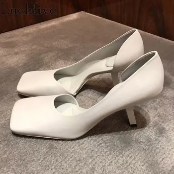 Sexy Slim de Sapatos de Salto Alto da Mulher de Preto Branco cor-de-Rosa Nude de Couro Genuíno dedo do pé Quadrado Roma Sandálias da Moda de luxo da marca de Sapatos de Mulher