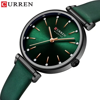 CURREN Mulheres Relógios Nova Marca de TOPO Luxo de Quartzo relógio de Pulso com Couro Strass Brilhantes dial Verde Relógio Feminino